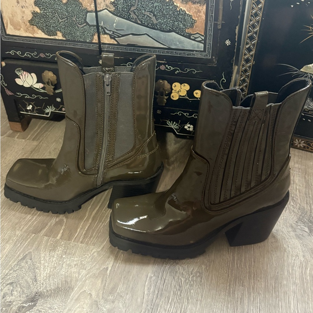 Olive Green Sabine Chelsea Moto Patent Leather Boots - Picture 3 of 10